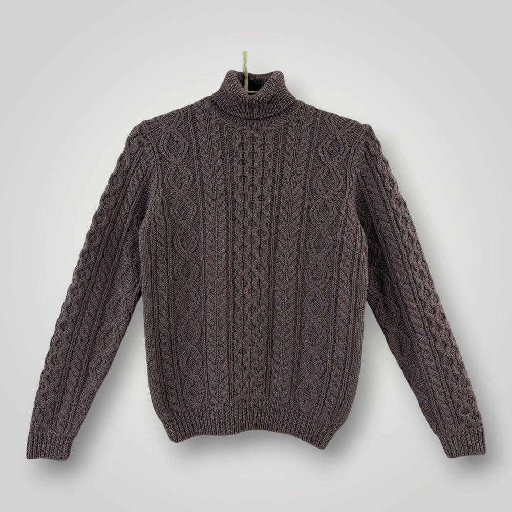 Vintage Plaza Bloomingdales 100% Wool Cable Knit Turtleneck Sweater Brown Large